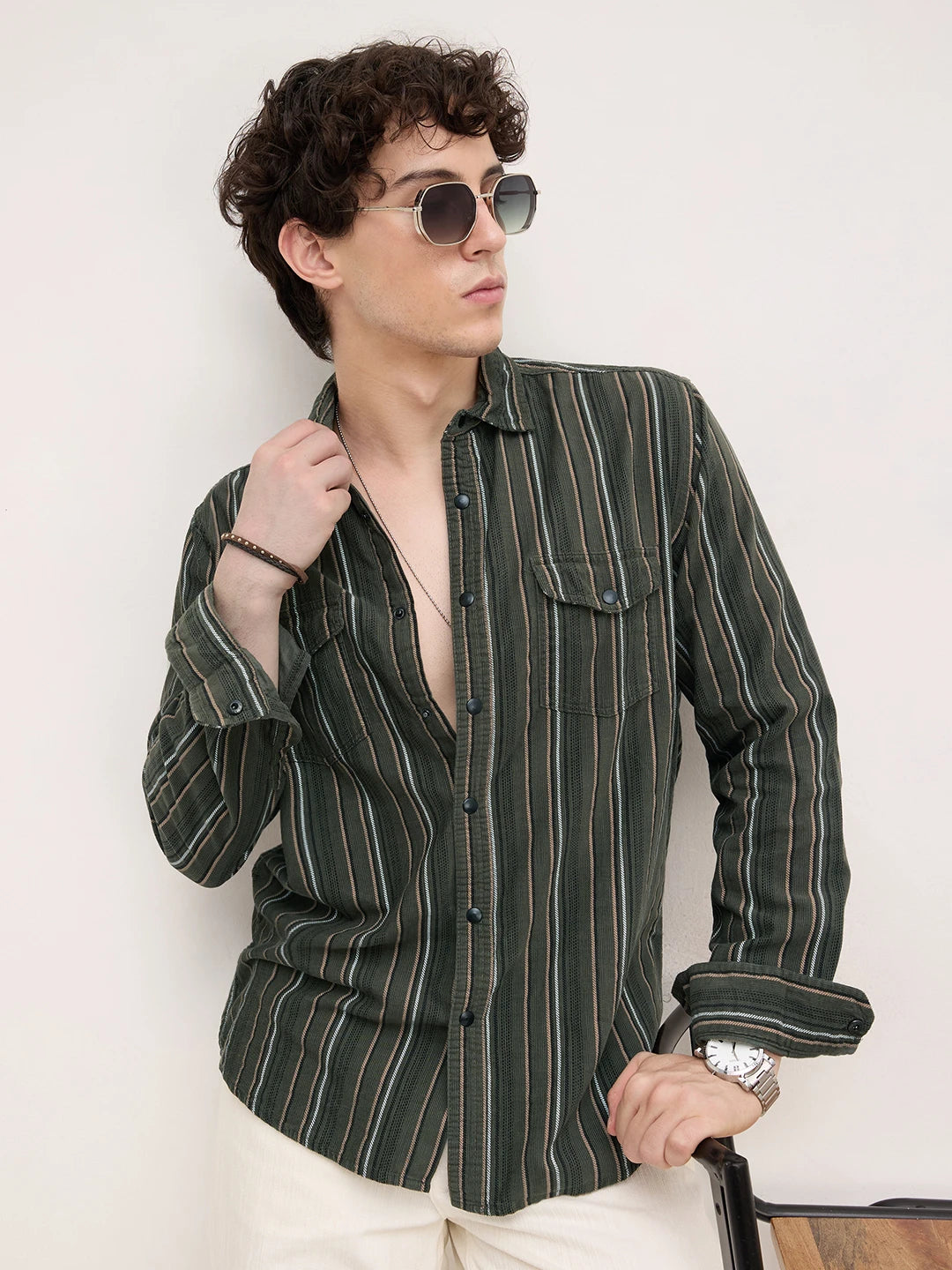 Forest Vibe Multi-Stripe Olive Twin Pocket Corduroy Shirt