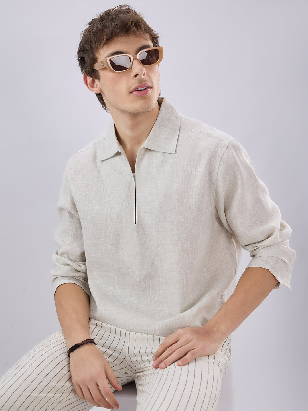 Greyish Green Textured Cuffless Oversized Shirt