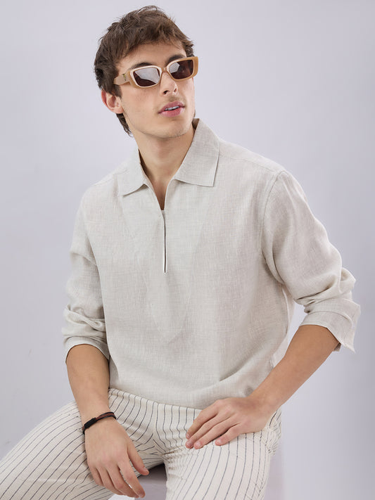 Greyish Green Textured Cuffless Oversized Shirt