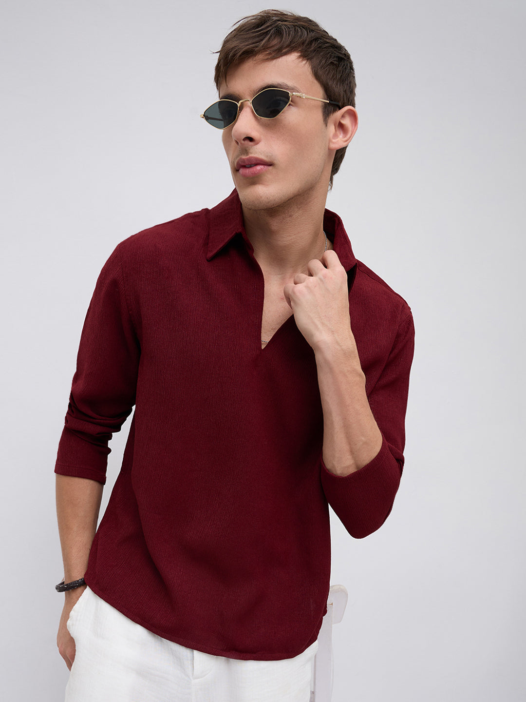 Currant Red Crepe Oversized Polo Shirt