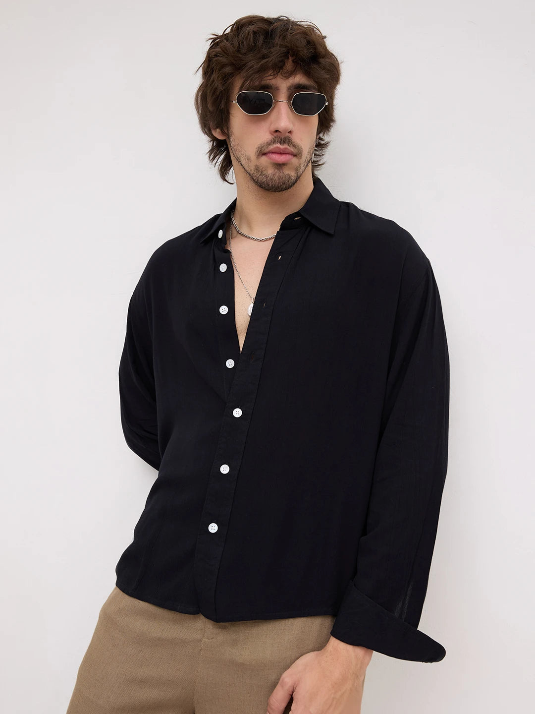 Iconic Black Crepe Textured Boxy Fit Shirt