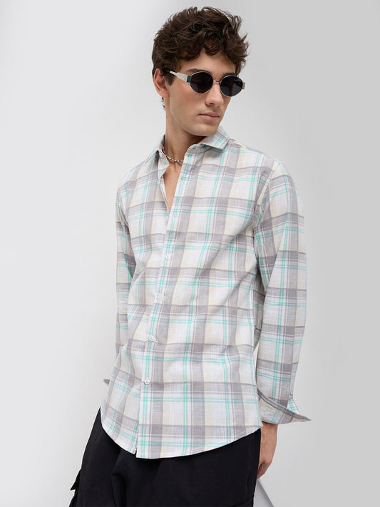 Grey & White Plaid Checks Textured Shirt