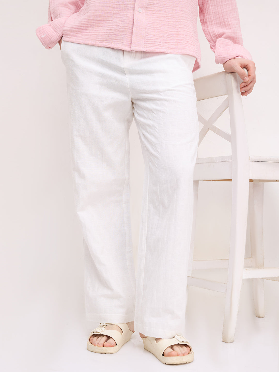 Distinctive Pearl White Architectural Weave Wide Leg Trousers