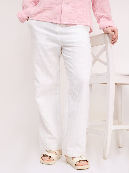 Distinctive Pearl White Architectural Weave Wide Leg Trousers