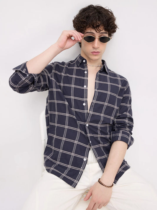 Navy Dimensional Contrast Windowpane Checks Shirt
