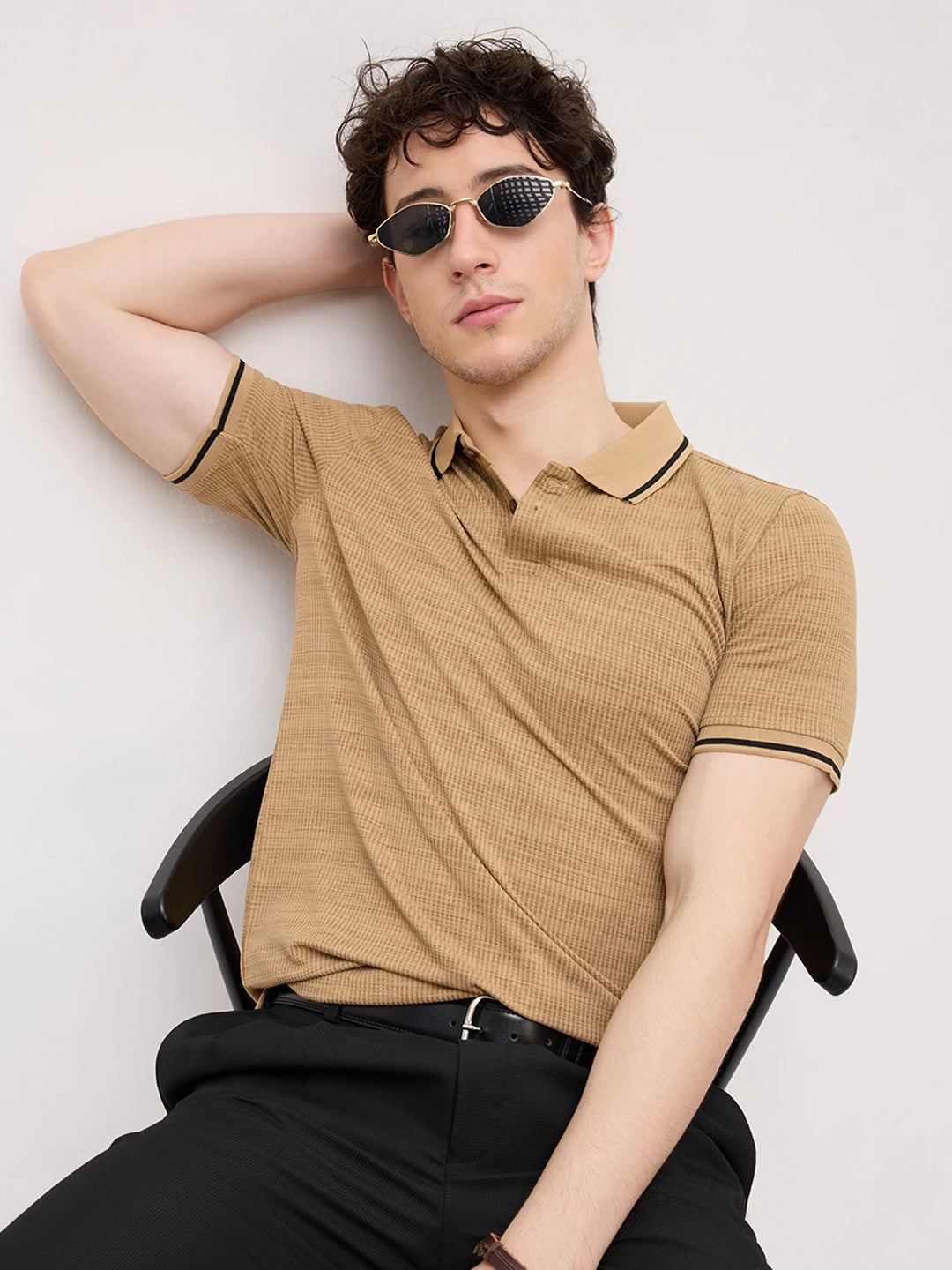 Golden Brown Stripe Embossed Polo Flat Knit T-Shirt