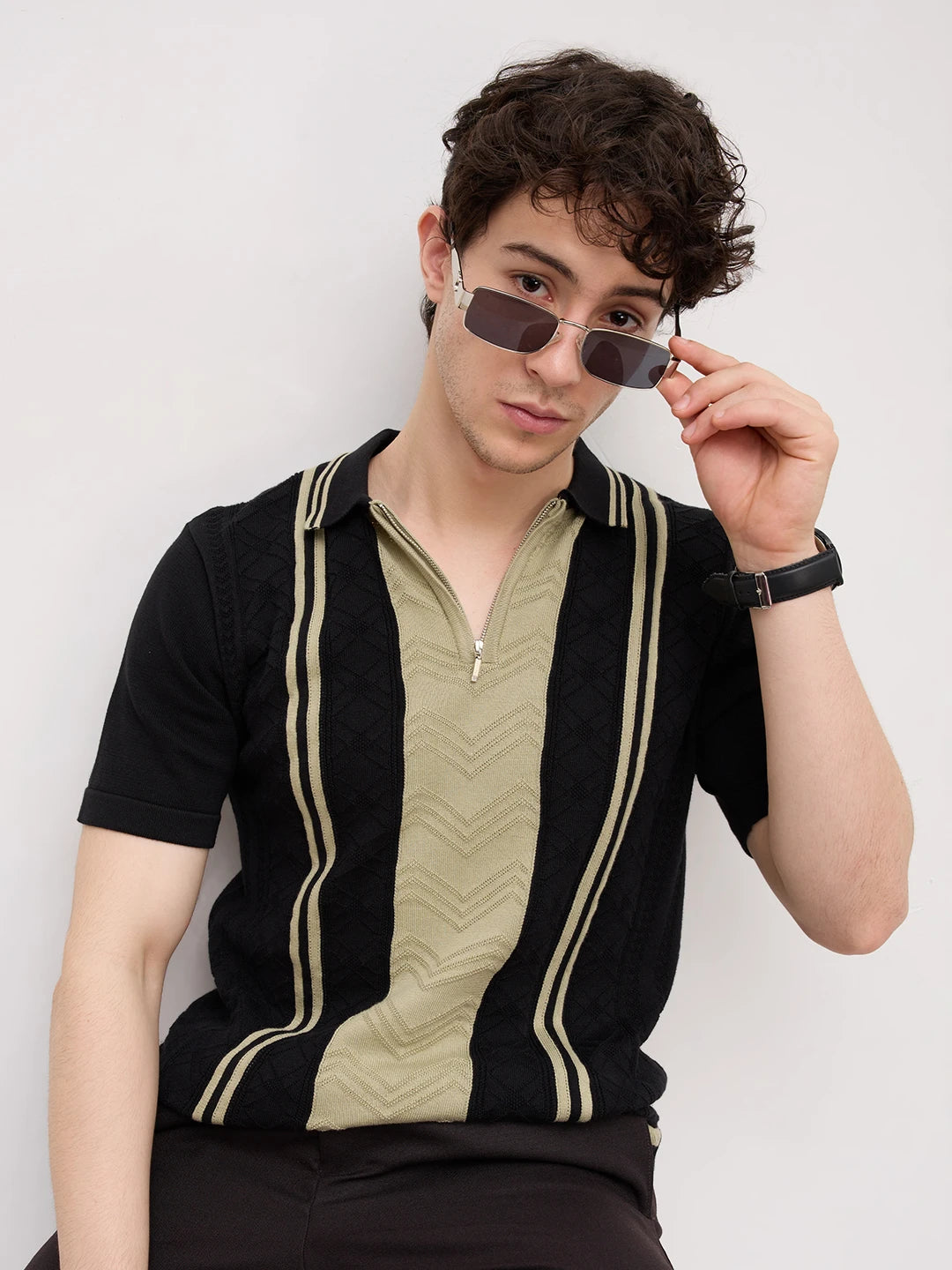 Sage Chevron Panel Zip Flat Knit Polo T-Shirt