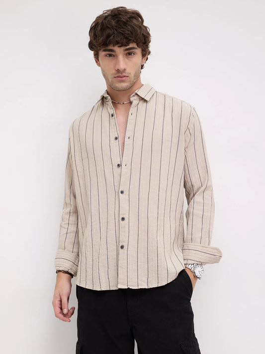 Intricate Beige & Navy Raised Striped Shirt
