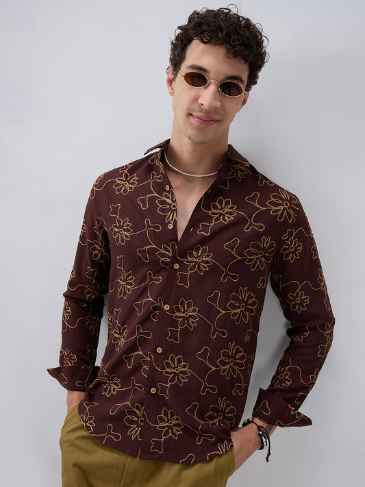 Brown Slub Textured Floral Contrast Embroidered Shirt