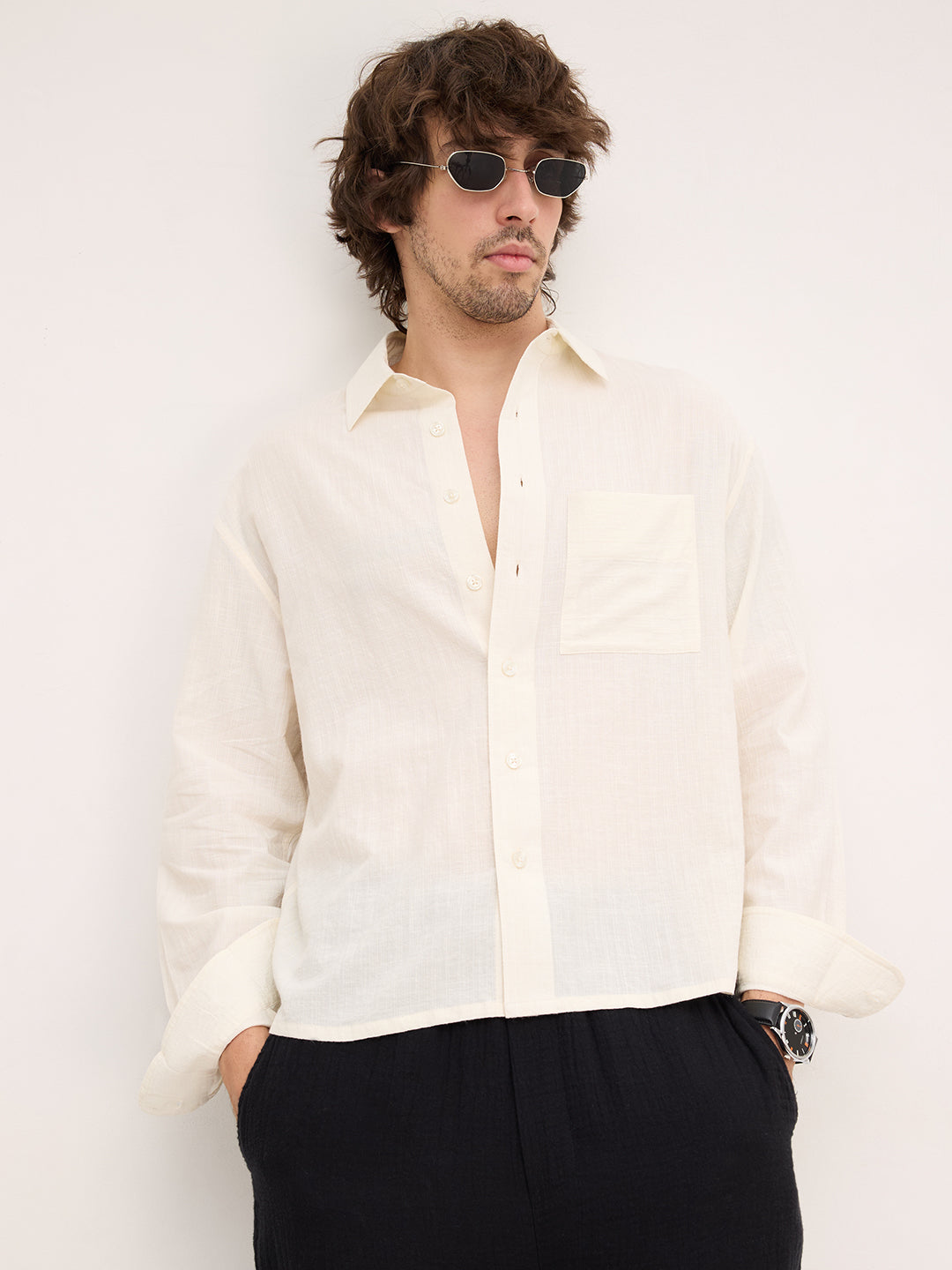Spanish Cream Fine Striped Textured Boxy Fit Crop Shirt