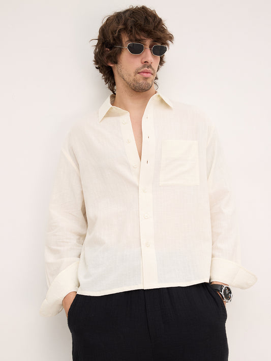 Spanish Cream Fine Striped Textured Boxy Fit Crop Shirt