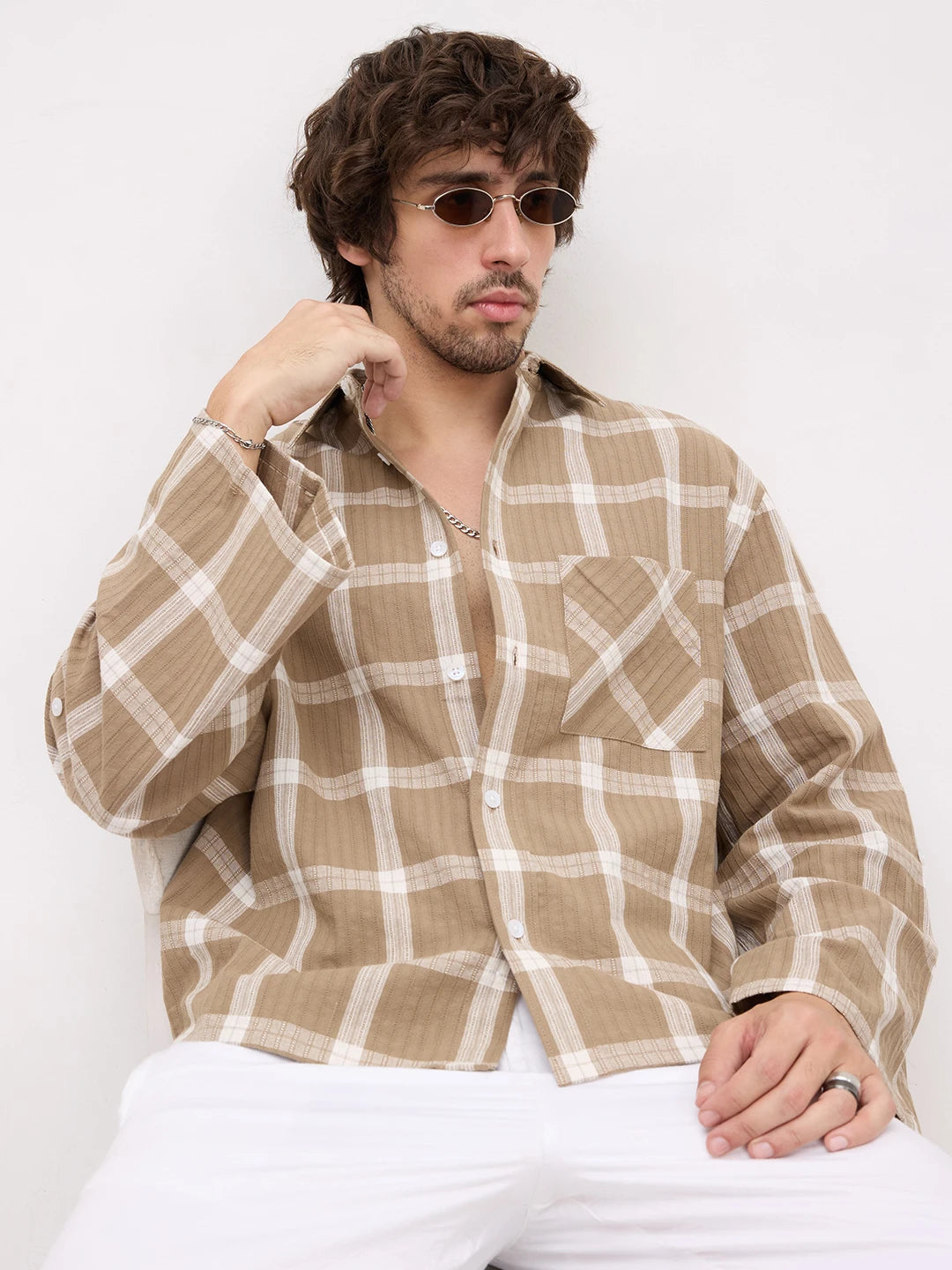 Taupe Ladder Striped Windowpane Checks Cuffless Oversized Crop Shirt