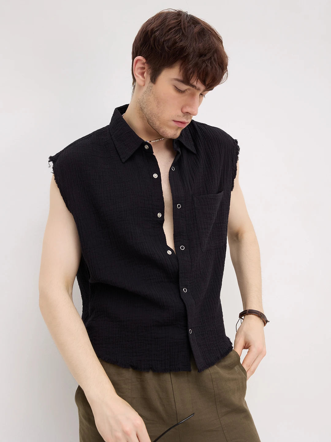 Iconic Black Double Cloth Sleeveless Crop Shirt