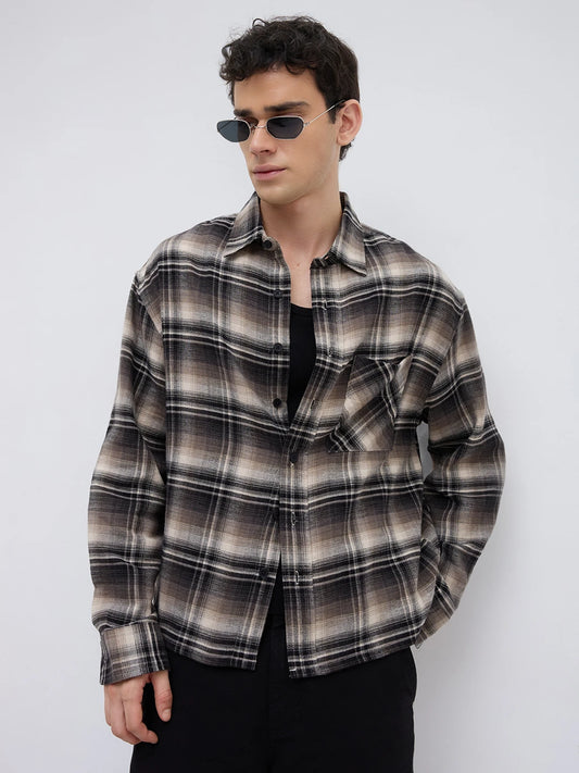 Rich Black & Brown Winter Plaid Shadow Checks Flannel Boxy Fit Crop Shirt