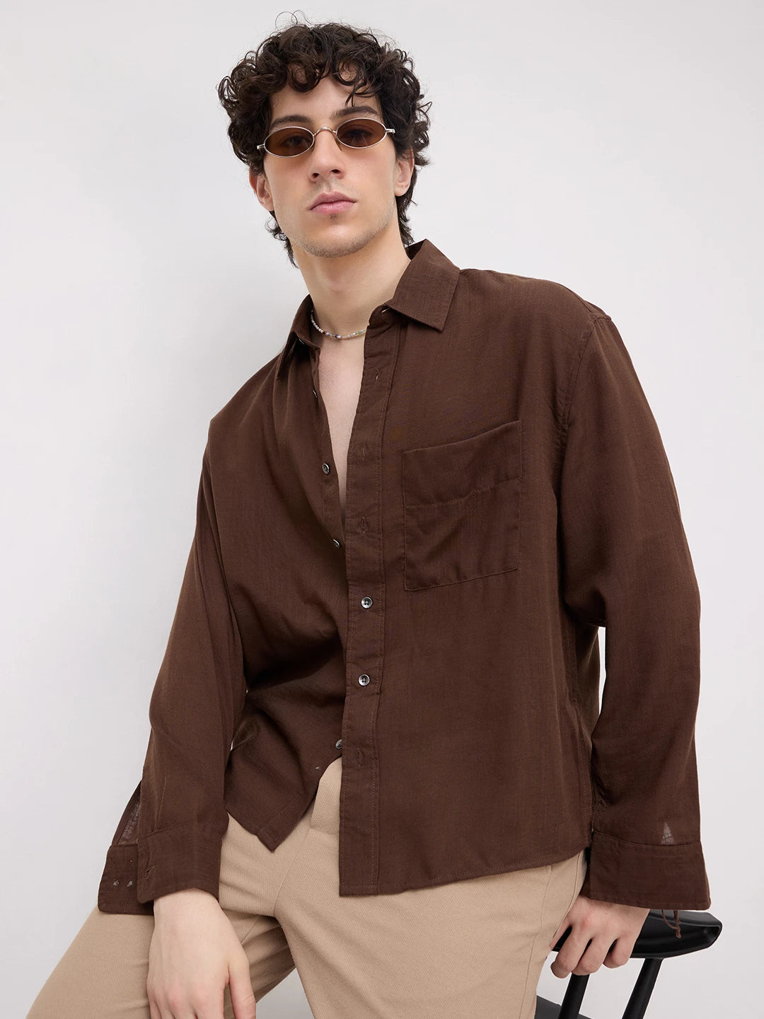 Classic Coffee Brown Boxy Fit Crop Shirt