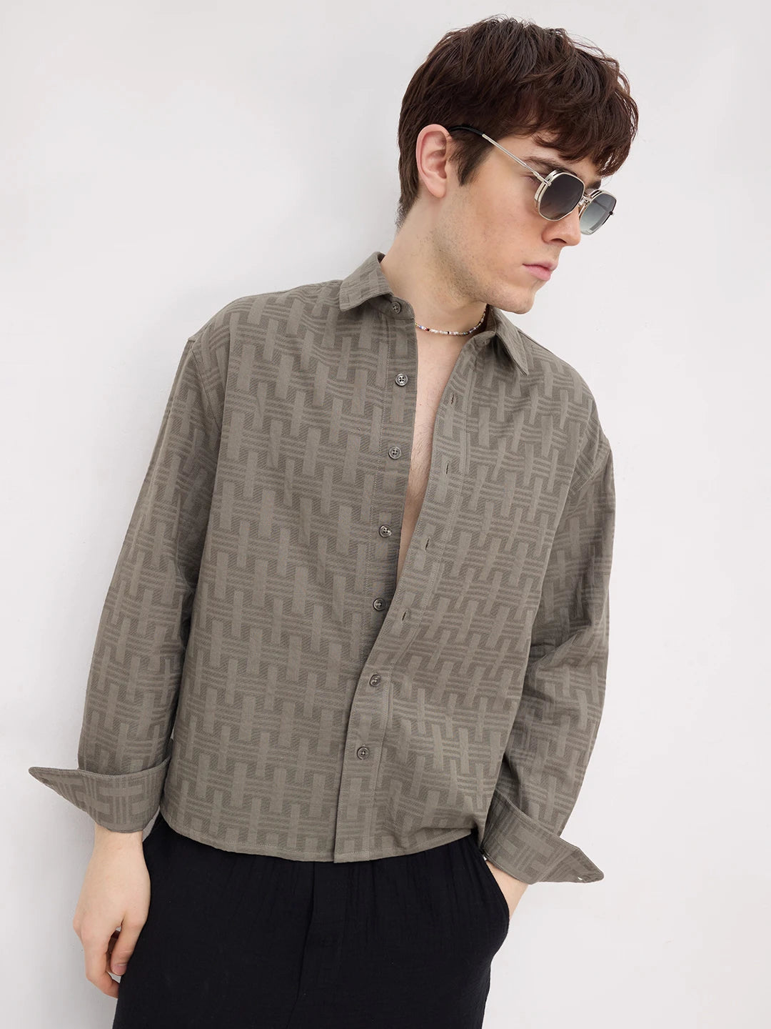 Contemporary Ash Grey Architectural Weave Textured Boxy Fit Crop Shirt