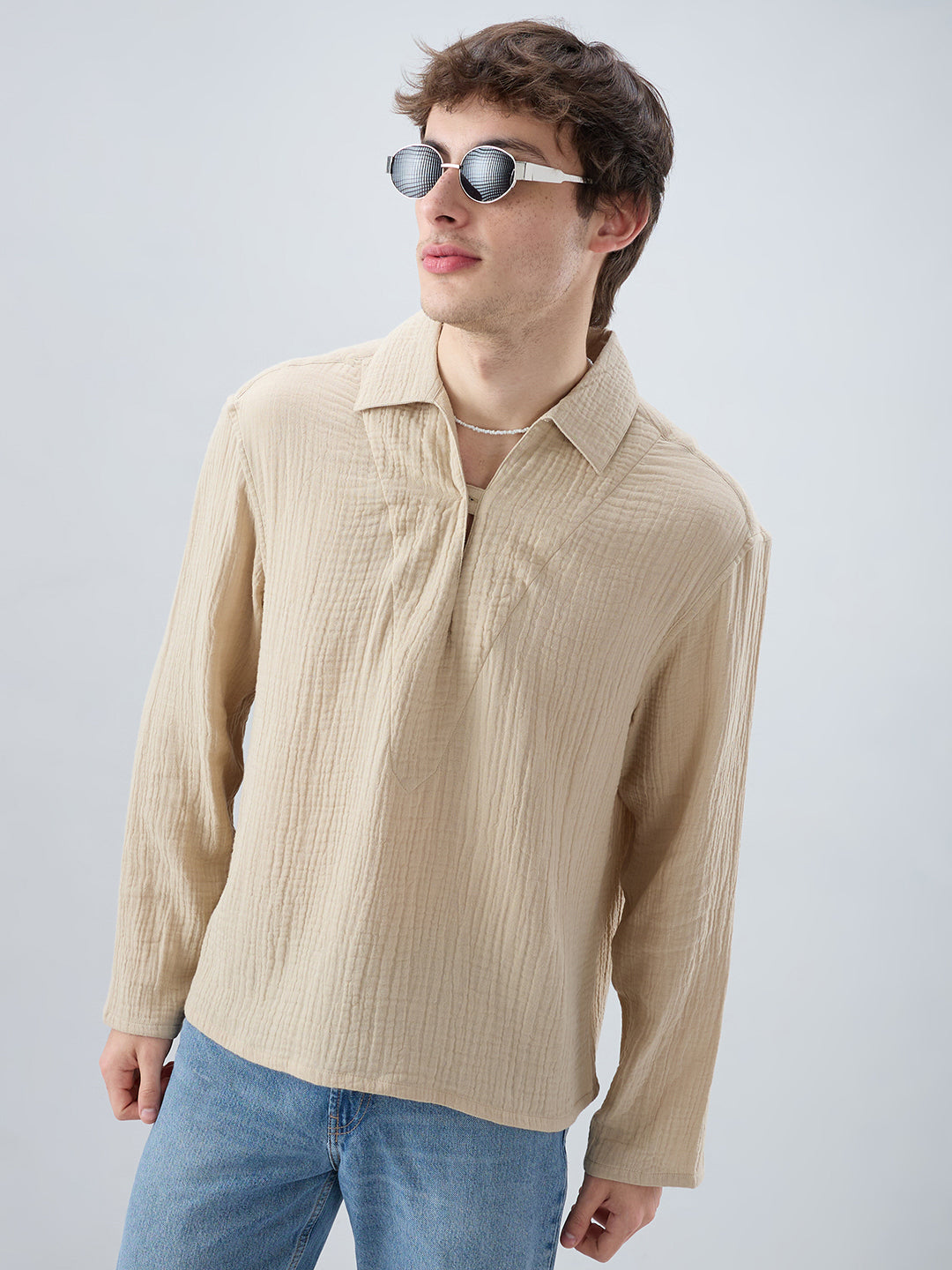 Latte Beige Double Cloth Cuffless Oversized Shirt