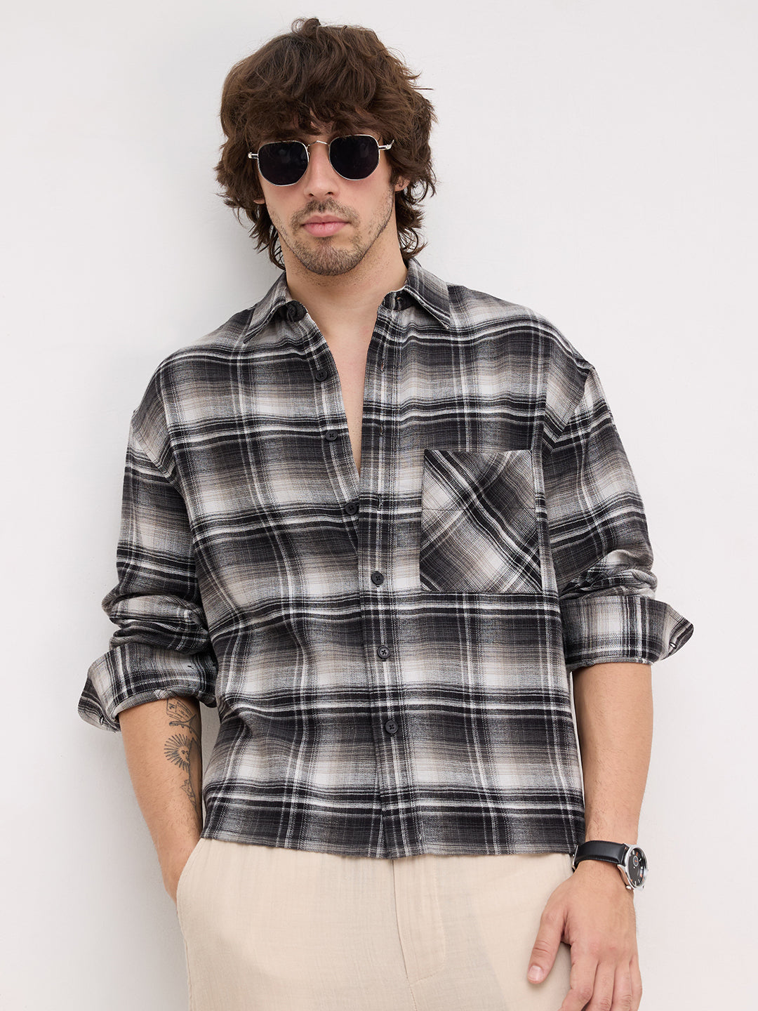 Rich Monochrome Winter Plaid Checks Flannel Boxy Fit Crop Shirt