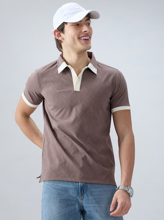 Liver Brown Chevron Contrast Polo Neck T-shirt
