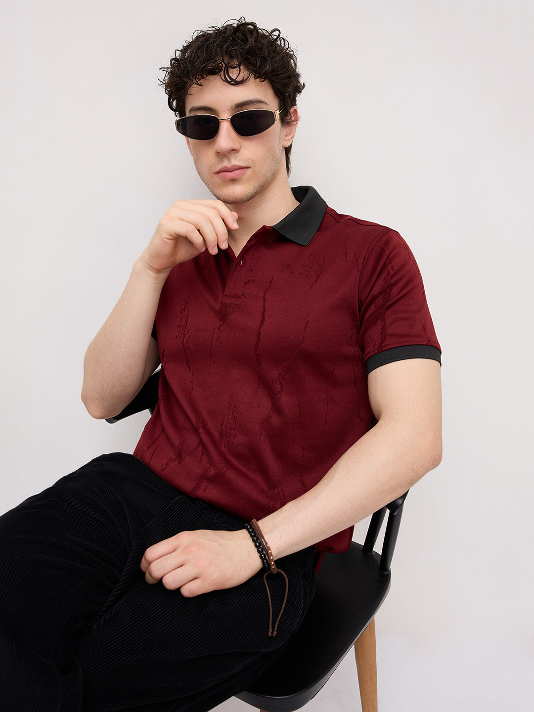Aesthetic Maroon Textured Contrast Polo Knit T-Shirt