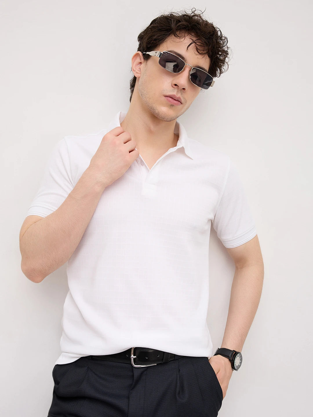 Cloud White Checks Weave Polo Tee