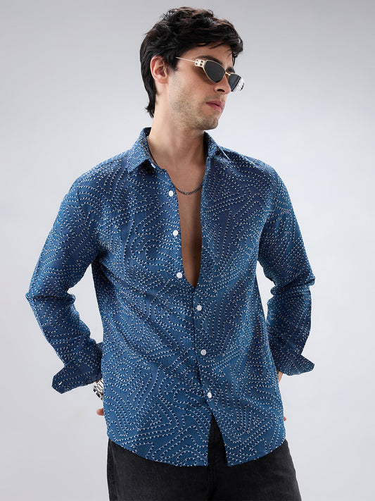 Ornate Navy Ornamental Raised Stitch Shirt