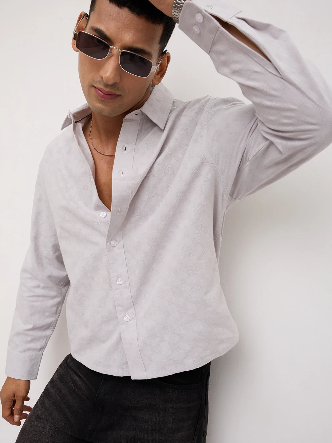 Luxe Grey Square Embossed Boxy Fit Crop Shirt