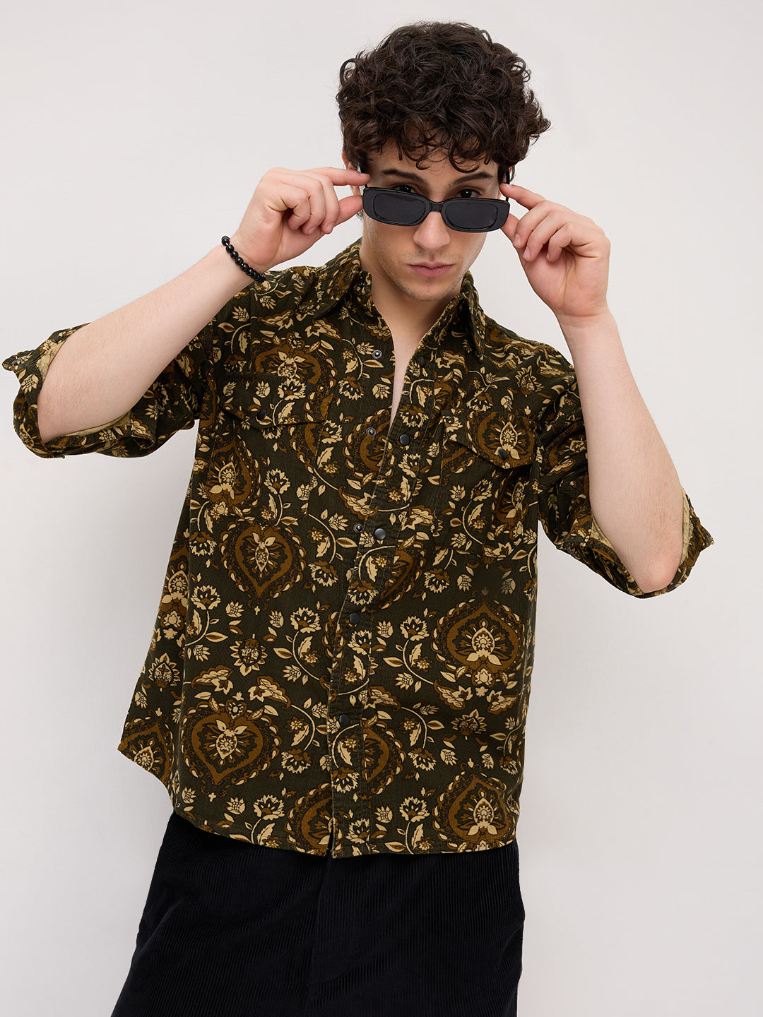 Olive Floral Paisley Printed Double Pocket Corduroy Shirt
