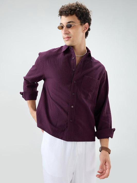 Wine Micro Box Textured Boxy Fit Crop Shirt