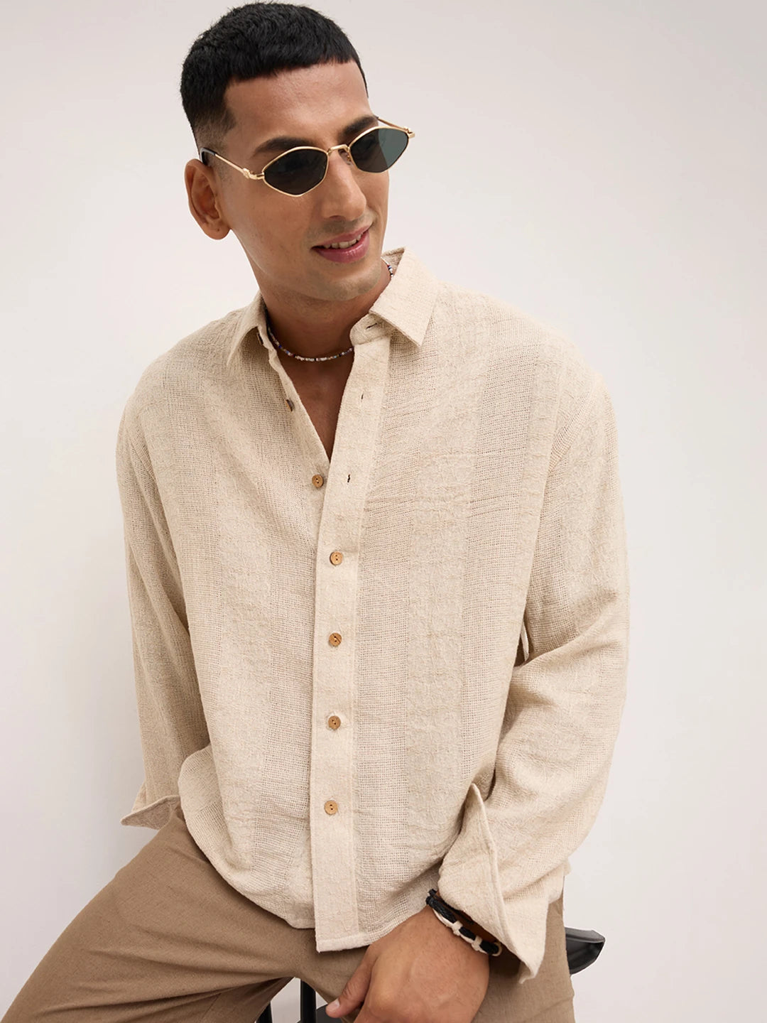 Exquisite Burlap Beige Striped Textured Boxy Fit Crop Shirt