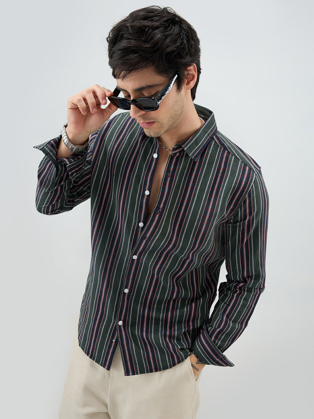 Olive & Navy Balanced Striped Shirt