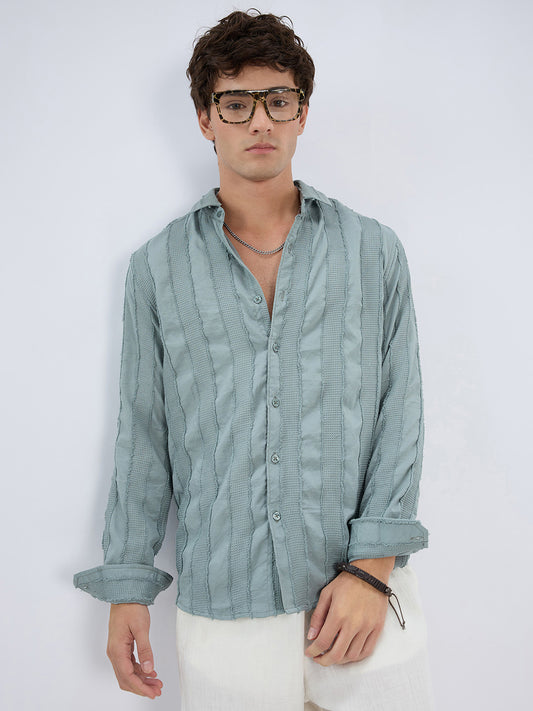 Sage Green Frayed Panelled Waffle Textured Shirt