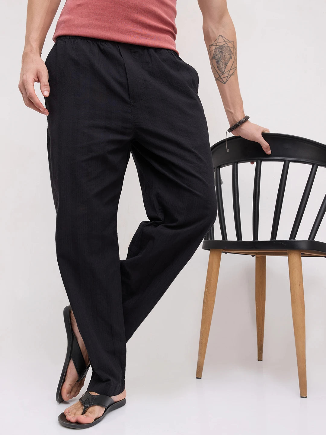 Minimal Black Seersucker Tapered Trousers