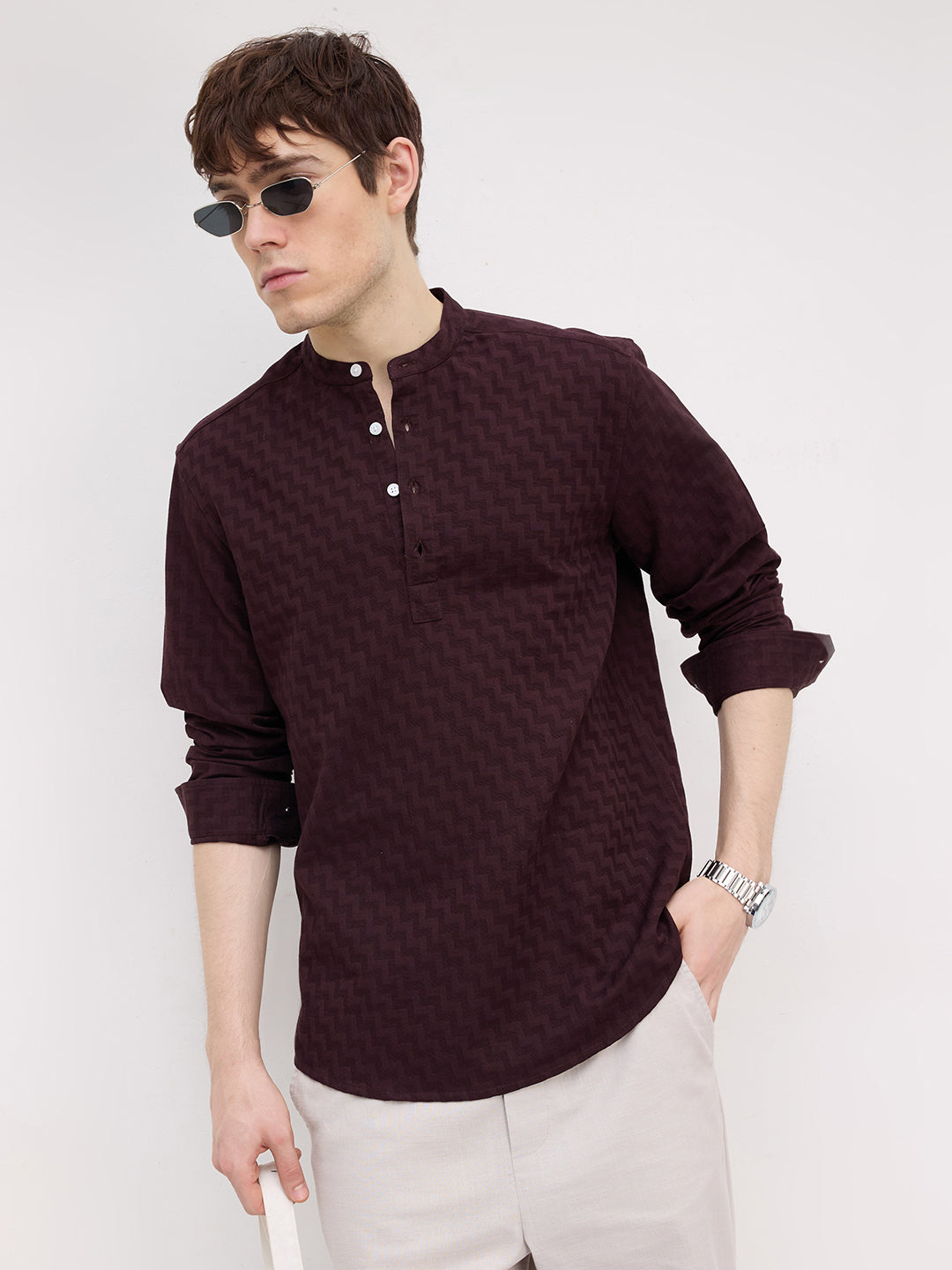Elevated Bordeaux Wine Maze Textured Kurta