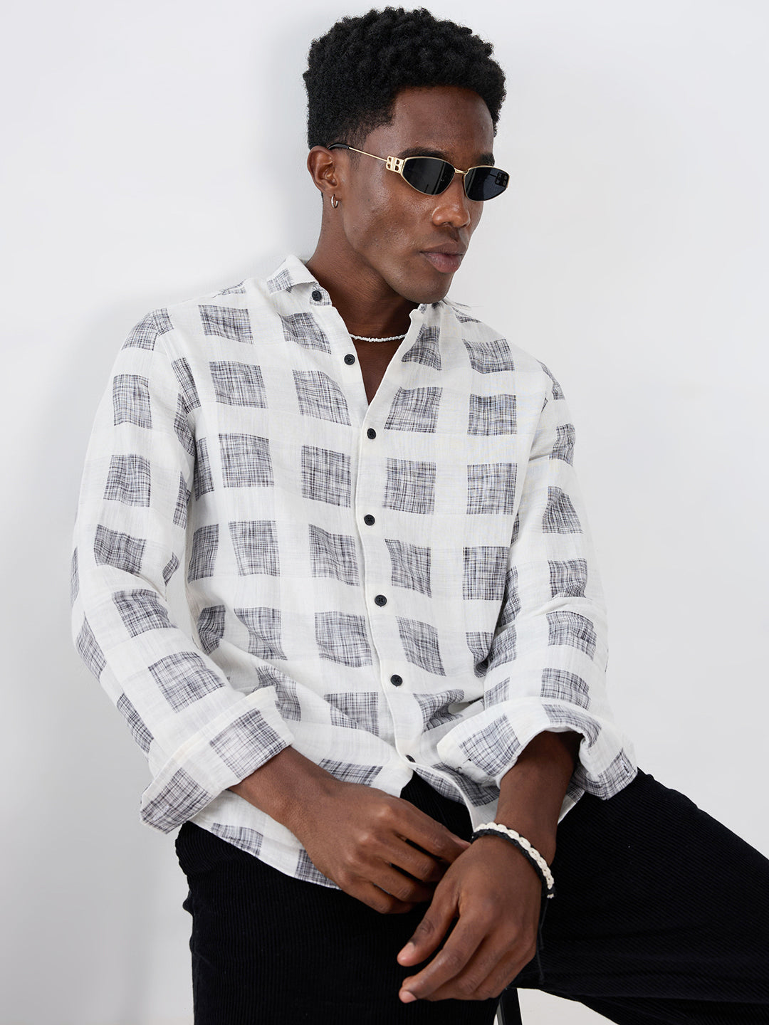 White & Black Geometric Printed Double Cloth Shirt