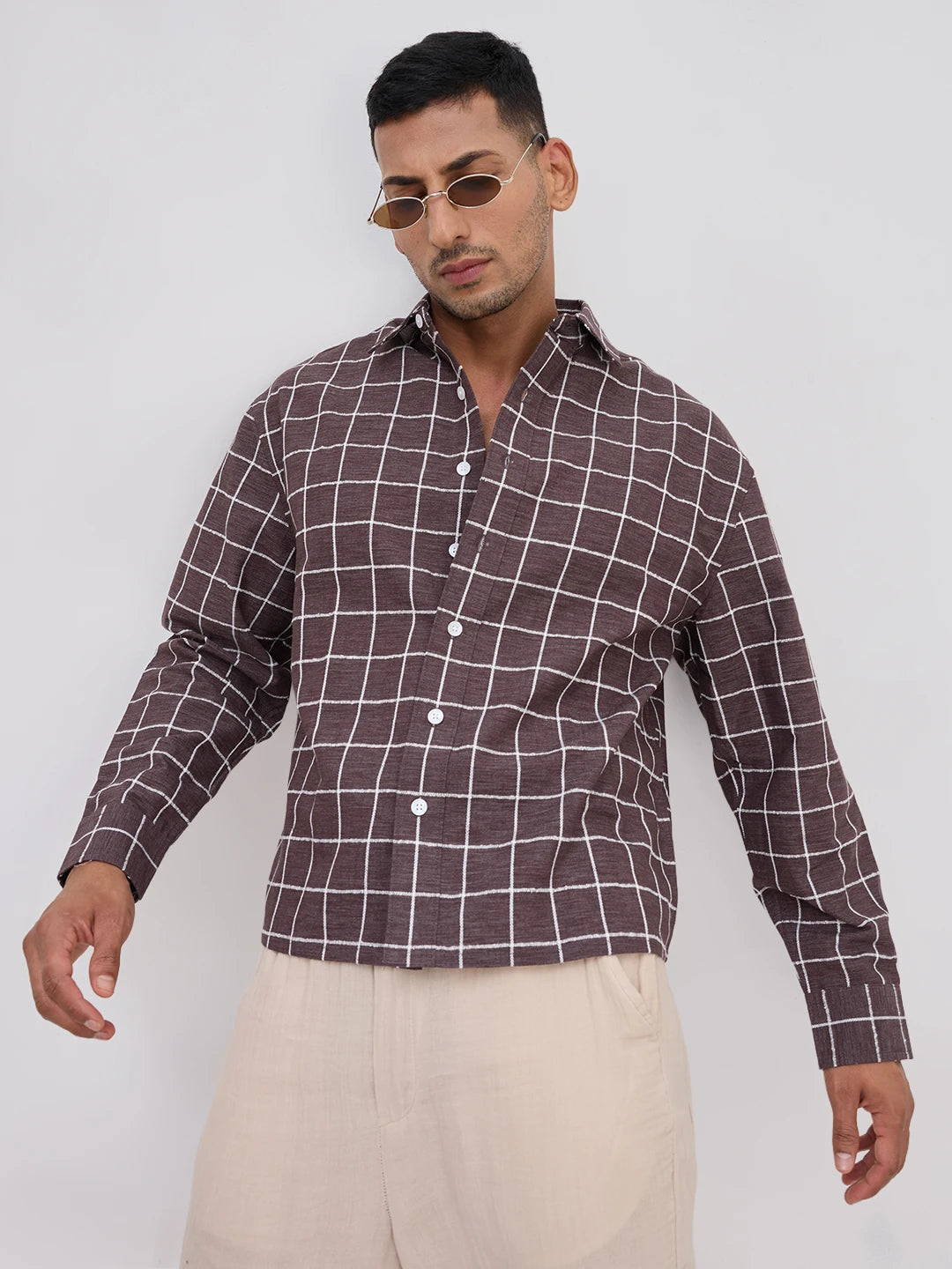 Espresso Brown Contrast Square Checks Boxy Fit Crop Shirt
