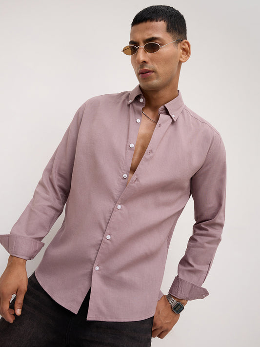 Luxe French Lilac Button-Down Collar Linen Blend Shirt