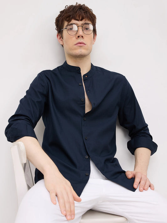 Classic Navy Herringbone Textured Mandarin Shirt