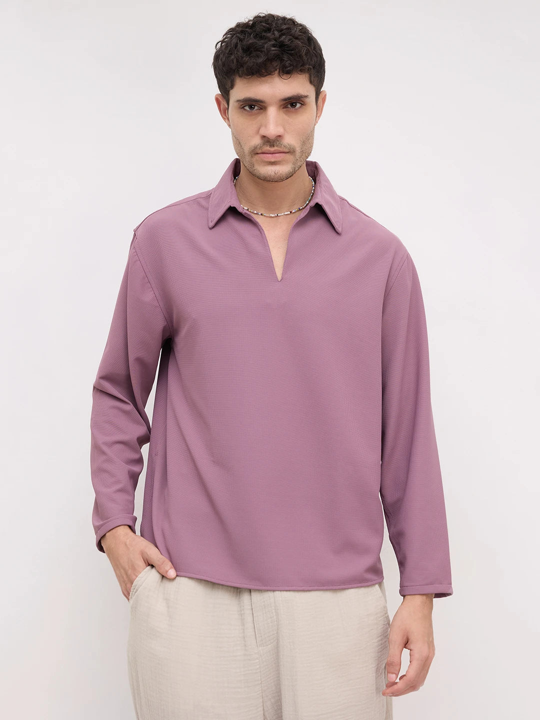 Elegant Grape Purple Oversized Polo Tencel Knit Shirt