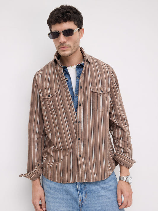 Rustic Bark Brown Multi-Stripe Twin Pocket Corduroy Shirt