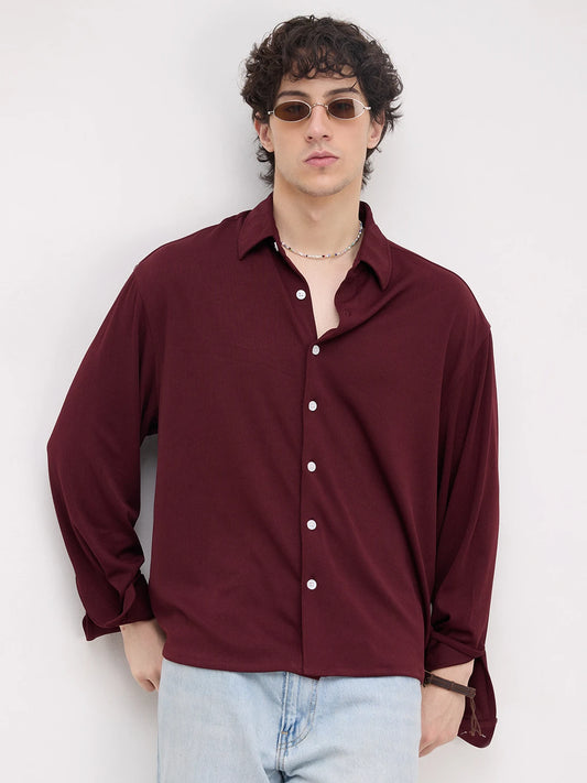 Rich Maroon Fine Textured Knitted Boxy Fit Crop Shirt
