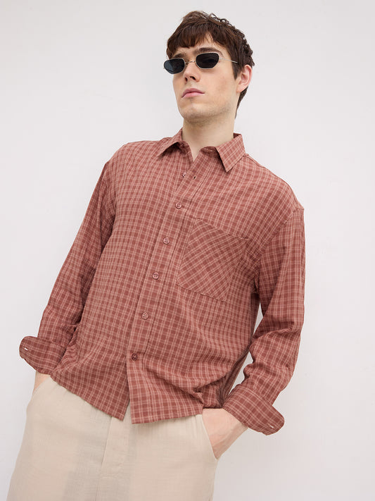 Rustic Brick Brown Atelier Checked Boxy Fit Crop Shirt