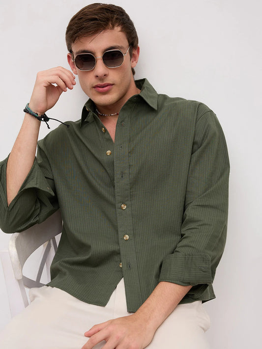 Forest Green Sheer Slub Striped Boxy Fit Crop Shirt