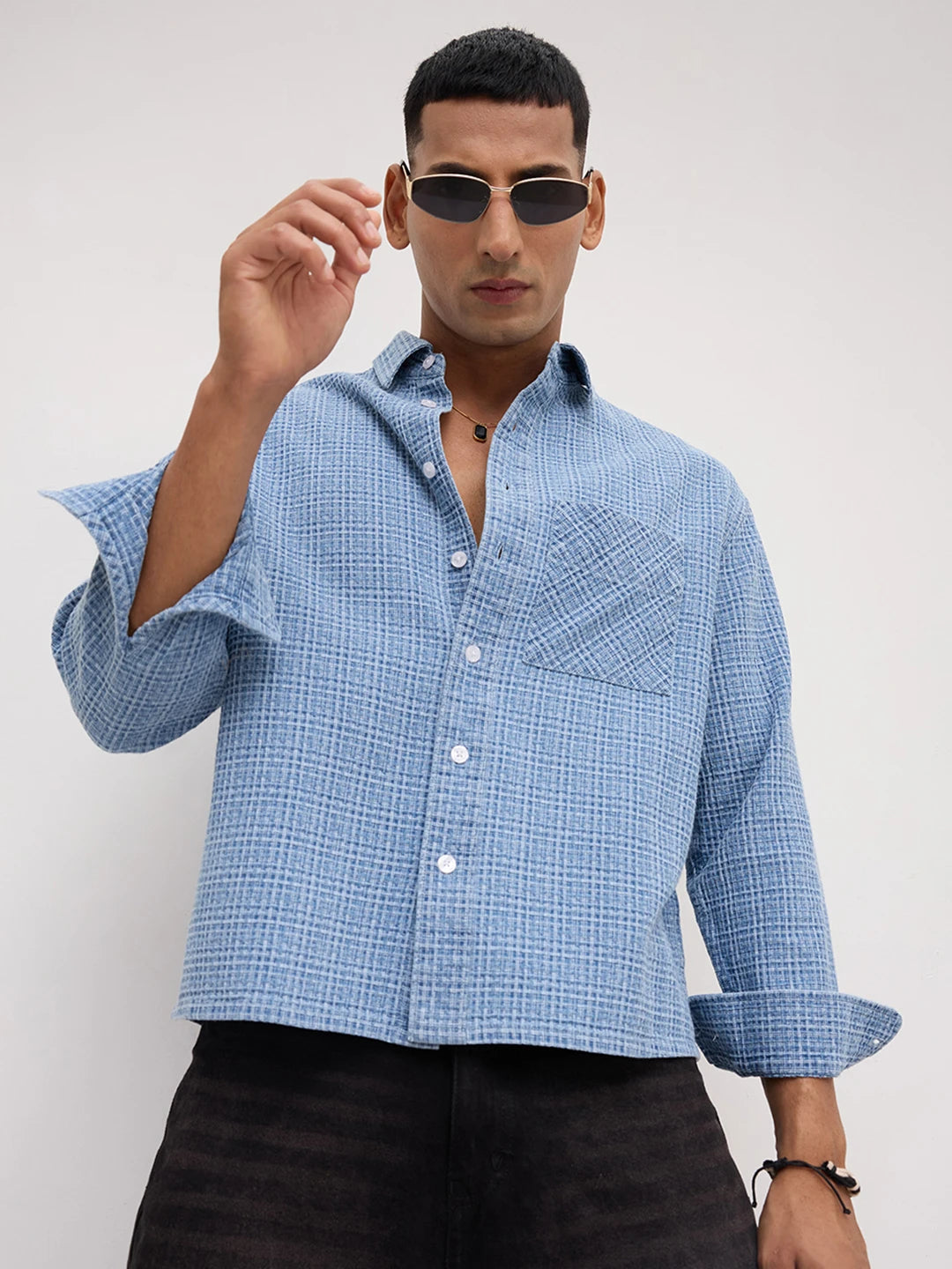 Abstract Denim Crosshatch Woven Boxy Fit Crop Shirt