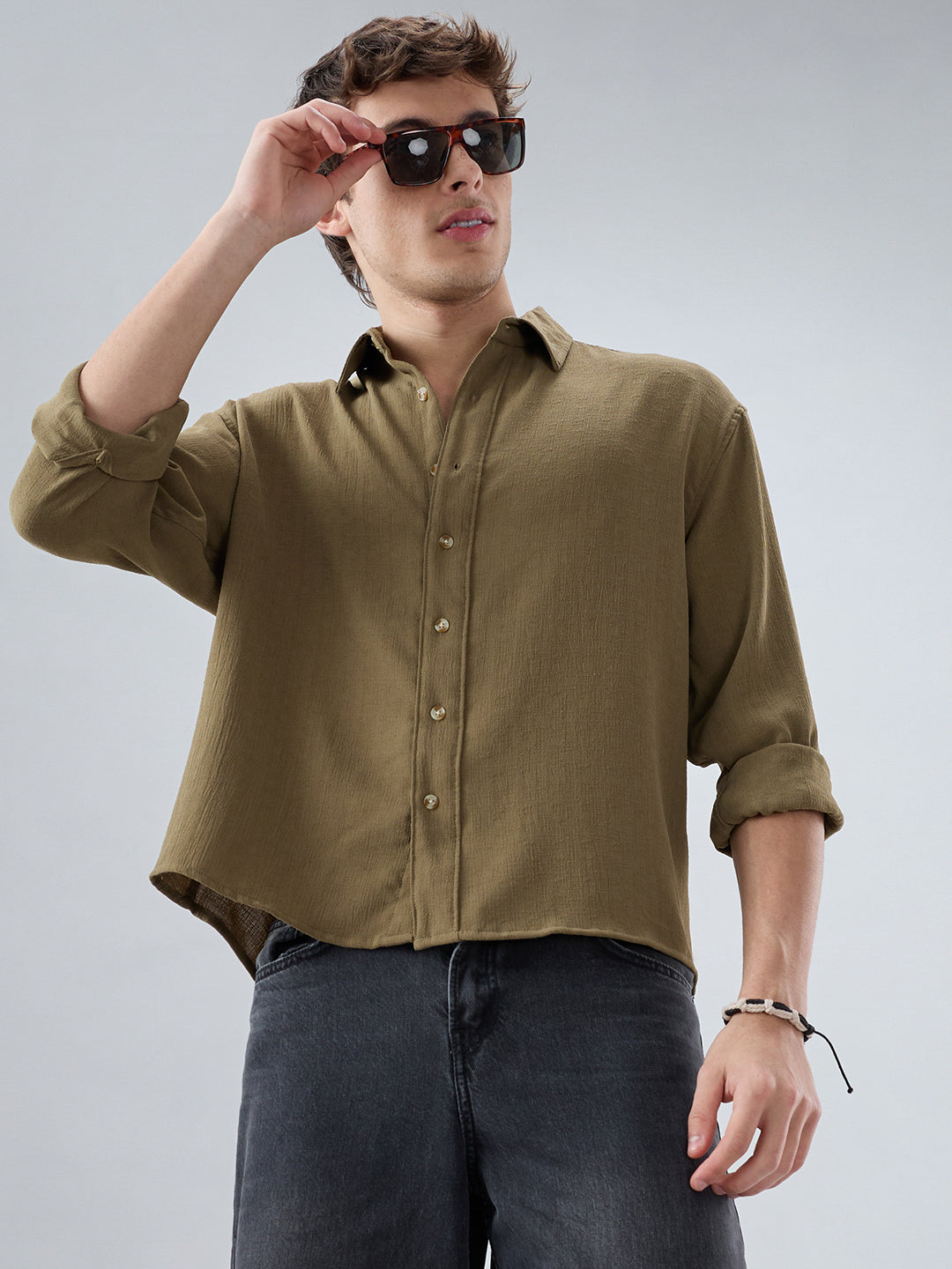 Pickle Olive Textured Boxy Fit Crop Shirt