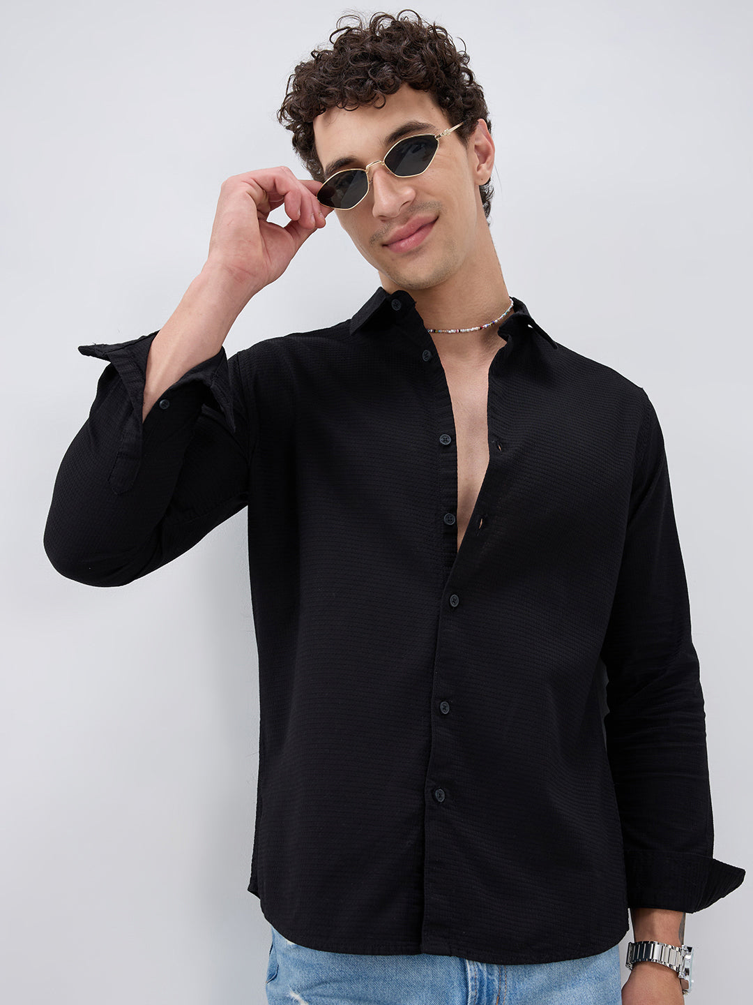 Jade Black Textured Knit Shirt