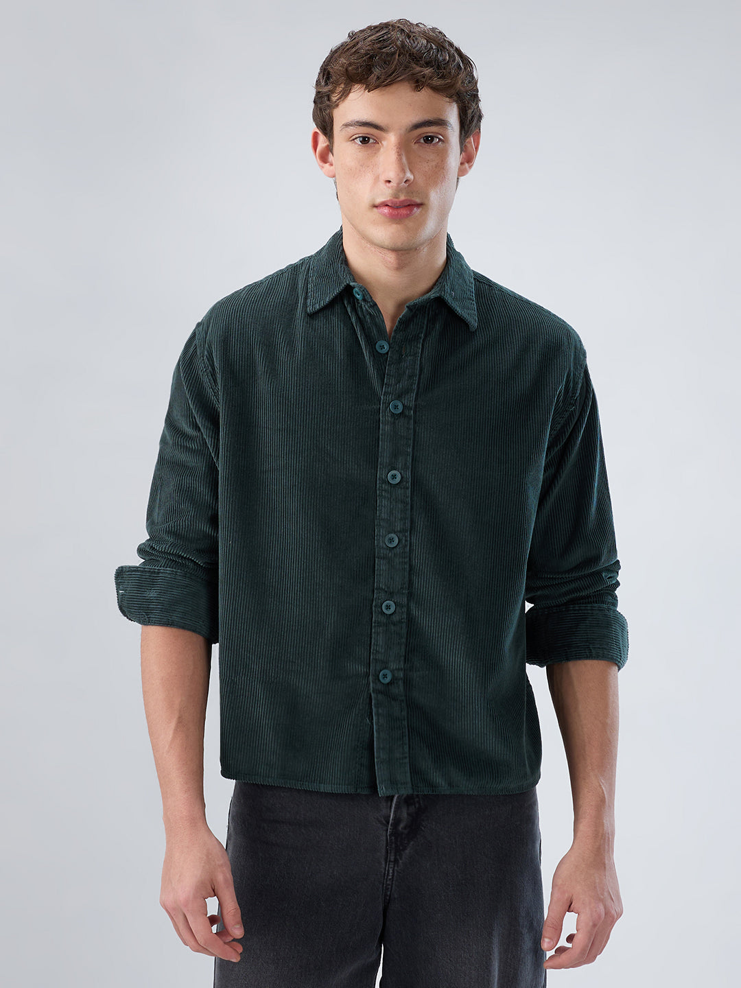 Sacremento Green Corduroy Boxy Fit Crop Shirt