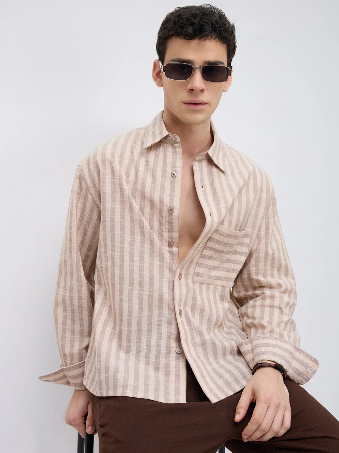Earthy Brown & Beige Candy Striped Boxy Fit Crop Shirt
