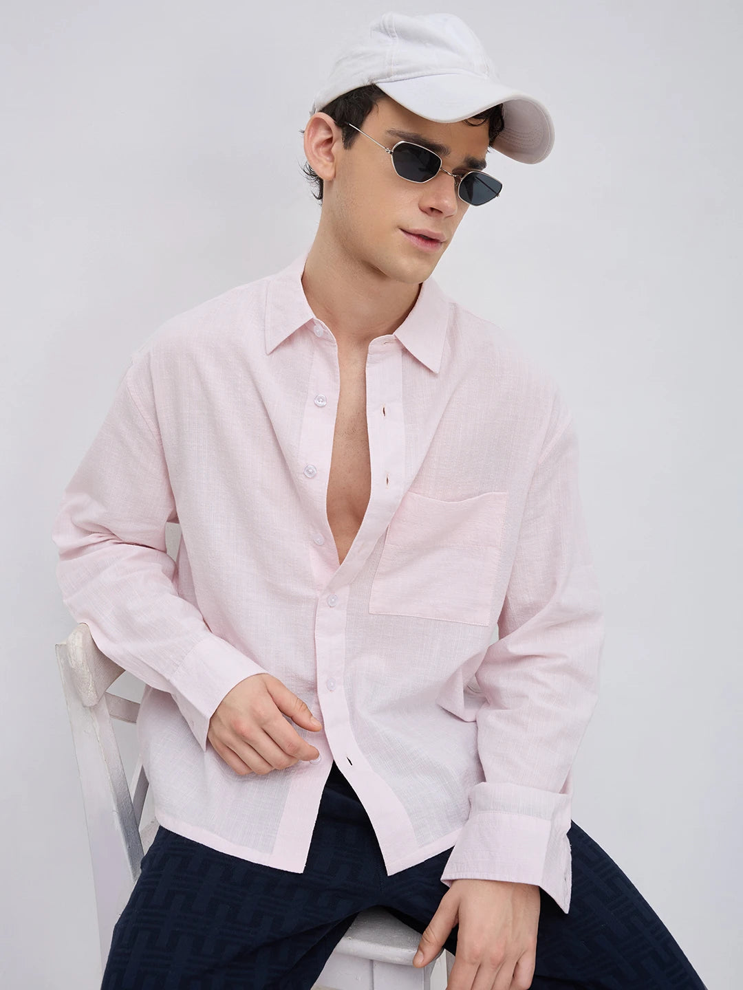 Blush Pink Fine Striped Textured Boxy Fit Crop Shirt