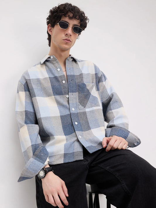 Navy & Blue Broad Checks Boxy Fit Flannel Crop Shirt